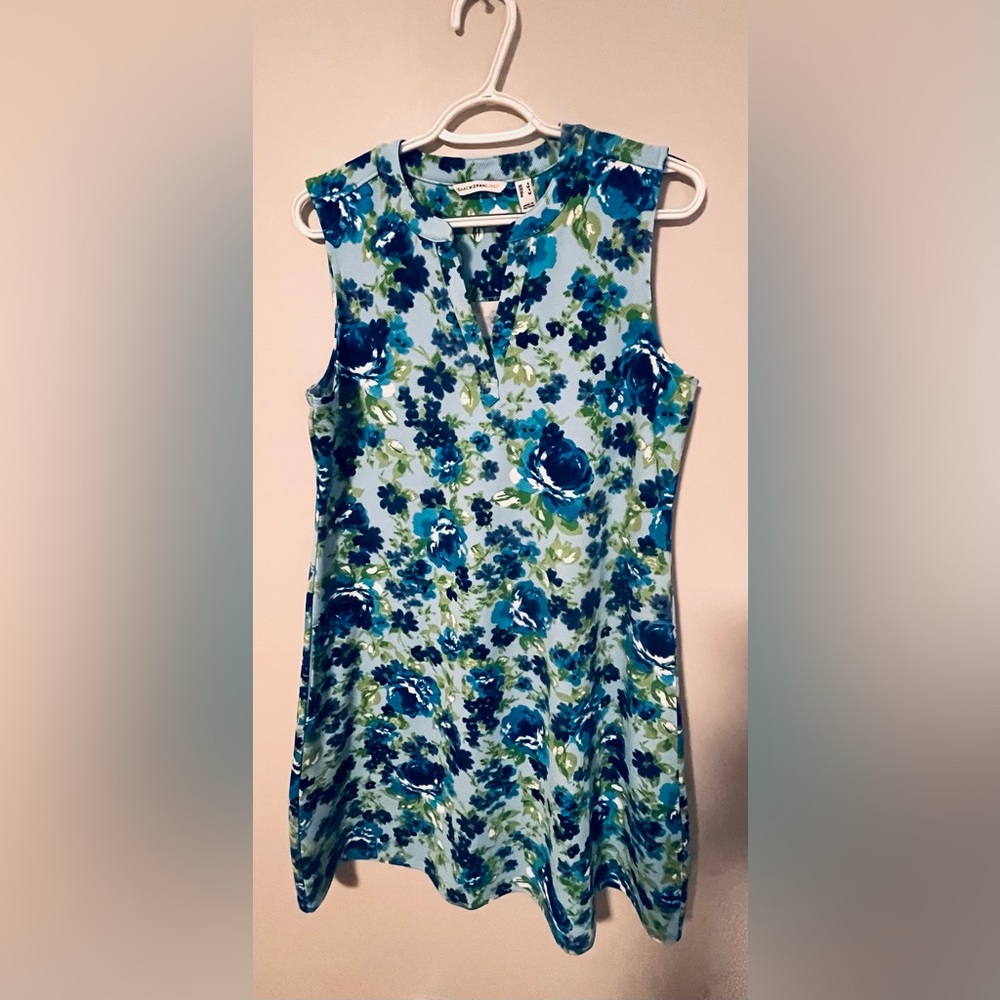 Isaac Mizrahi light blue floral pique knit print dress Small